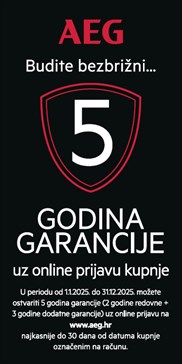 5 godina garancije (2 godine redovne + 3 godine dodatne garancije) na AEG bijelu tehniku