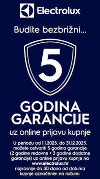 5 godina garancije (2 godine redovne + 3 godine dodatne garancije) na Electrolux bijelu tehniku