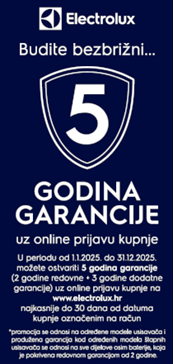 5 godina garancije (2 godine redovne + 3 godine dodatne garancije) na Electrolux usisavače