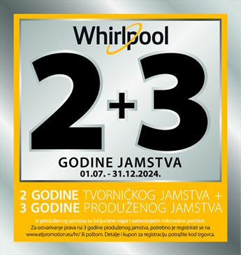 Whirlpool promocija 2 godine tvorničkog + 3 godine produženog jamstva do 31.12.2024.