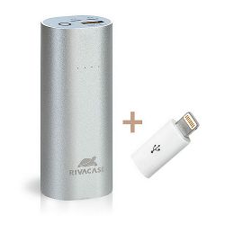 Prijenosna baterija RivaPower VA1005 (5000mAh) Silver, kabel microUSB + adapter microUSB-&gt;Lightning, metalno kućište